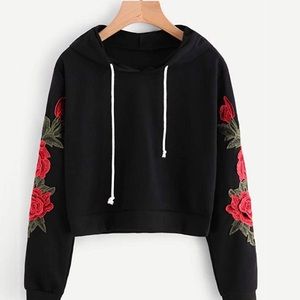 Black Crop Top Hoodie with Roses on the Sleeves